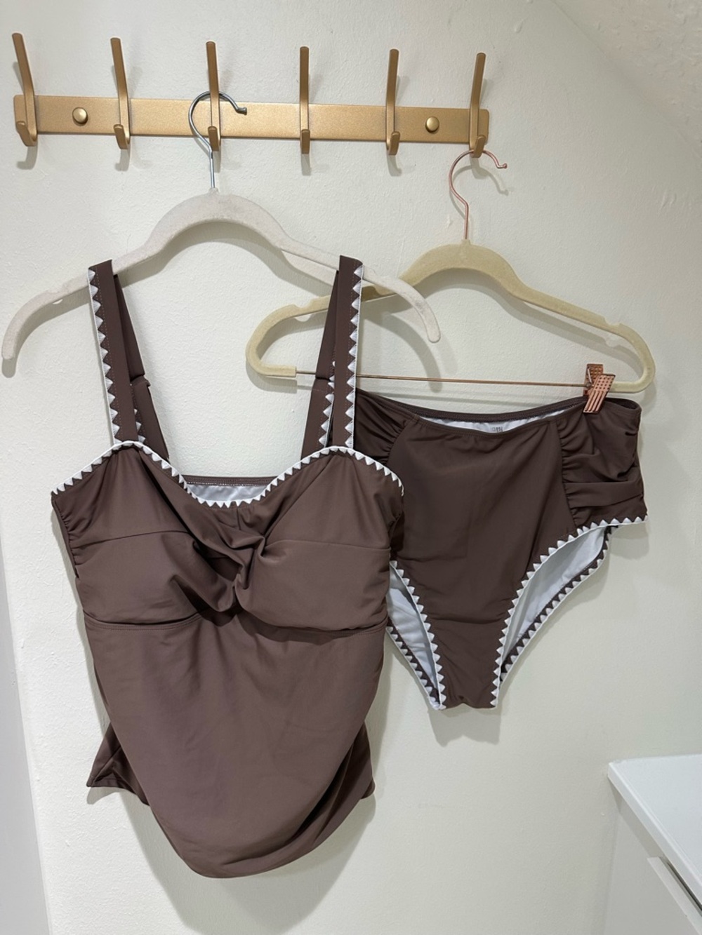 Zaful Brown & White Trim Tankini Set